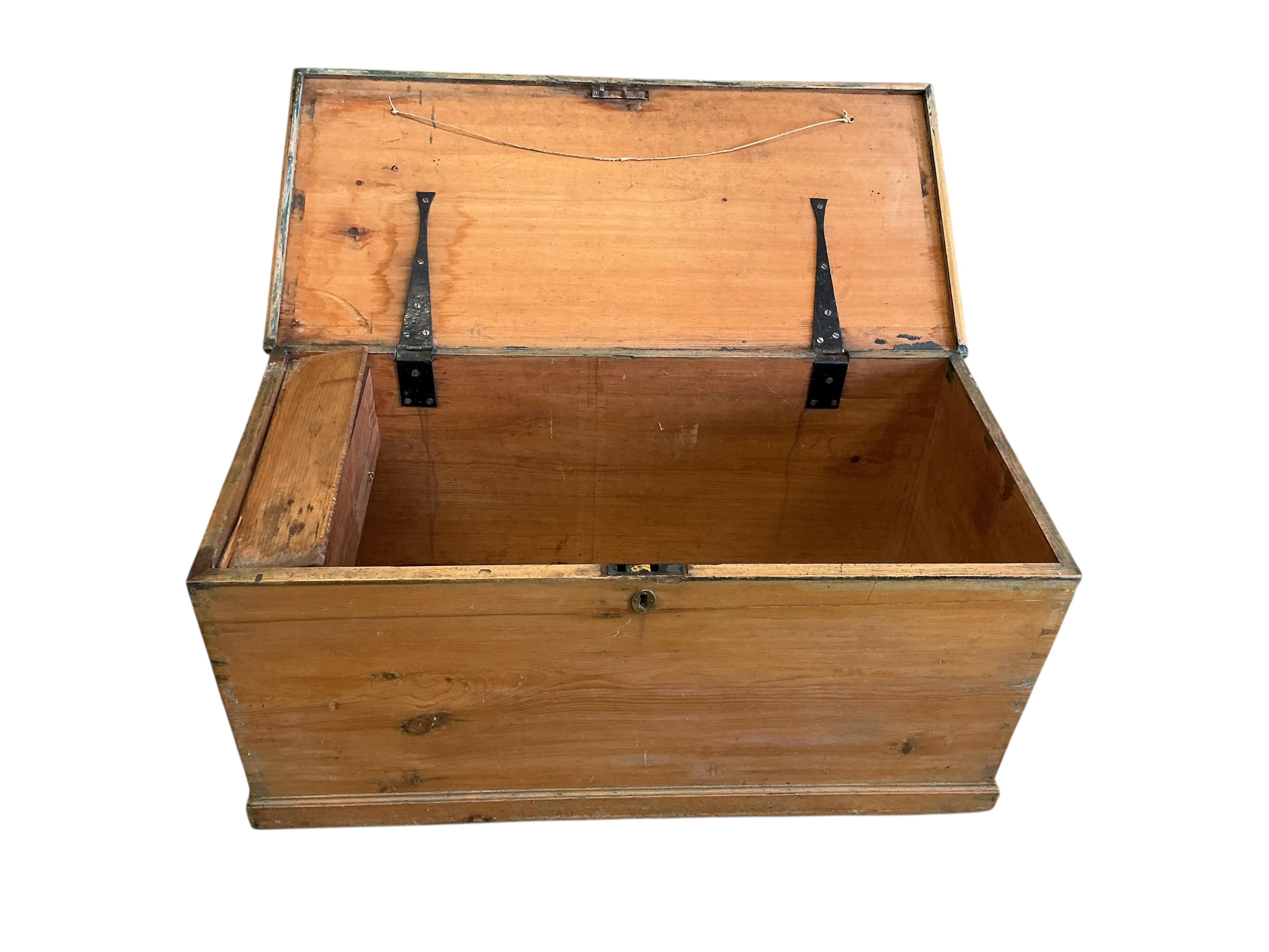 Two Victorian rectangular pine trunks, larger width 107cm, depth 52cm, height 50cm